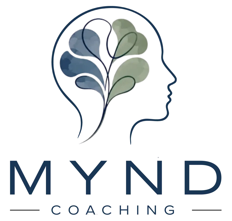 MYND Coaching Colorado logo with silouette outline of a head and an abstract floral watercolor brain within it in blue and green colors - representing neurodiverse life coaching, focusing on ADHD and Autism.