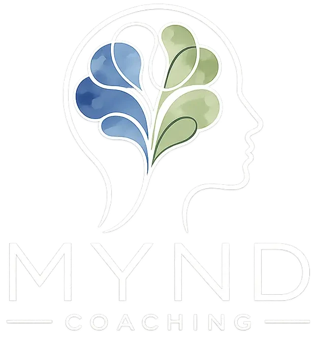 MYND Coaching Colorado logo with silouette outline of a head and an abstract floral watercolor brain within it in blue and green colors - representing life coaching for neurodivergent individuals and their families, focusing on ADHD and Autism.